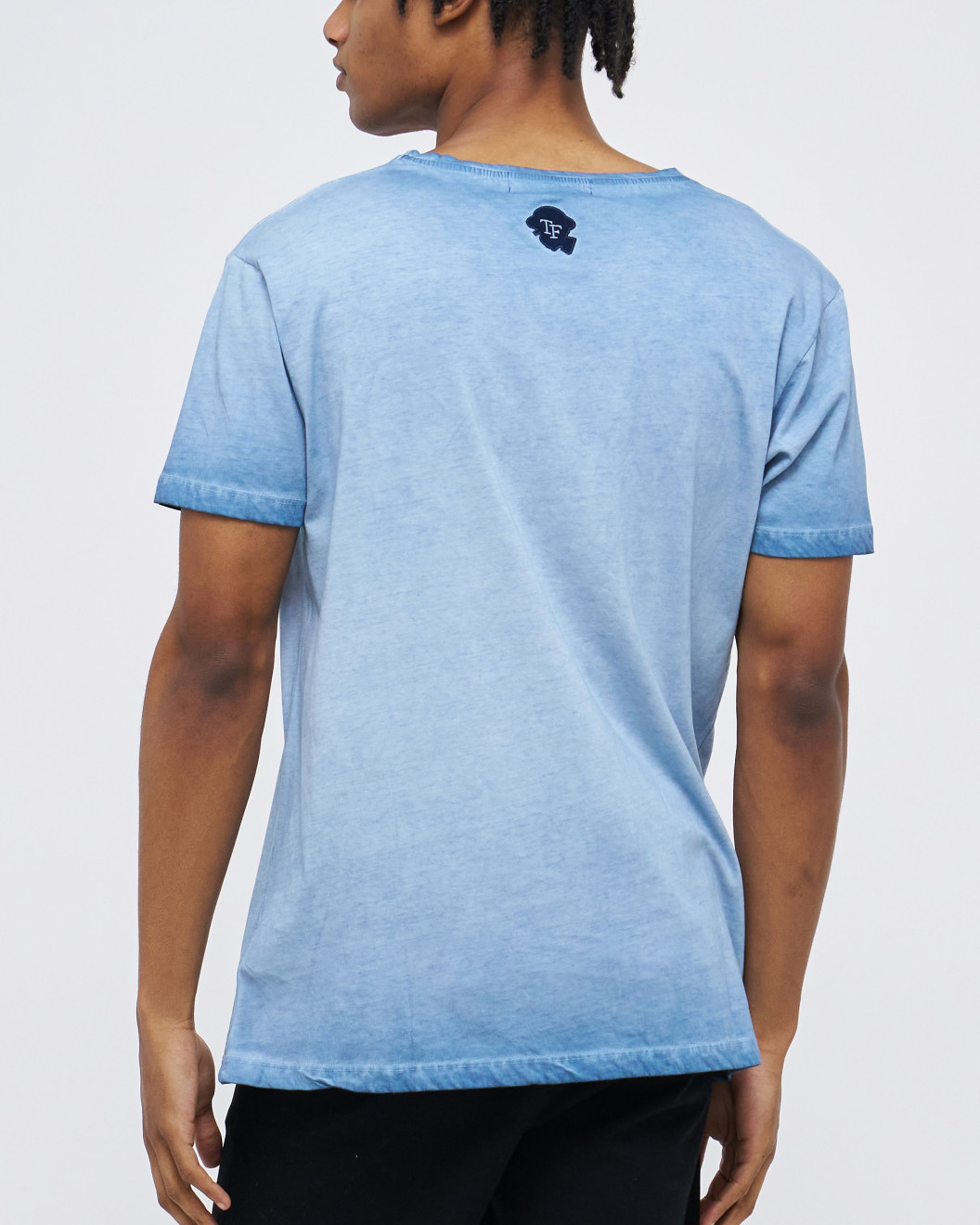 Men's Tee shirt, Blue Garment Dye Jersey, Gym-Fit, Low Neck, Fusilier LDN Poppy & Fslr Logo X Casual Society