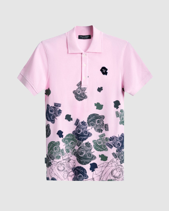 Men's Pink Pique Polo, with Camoflague Print and Casual Velvet Logo