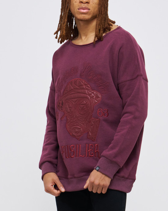 Men's Bordeaux Loop-Back Sweatshirt, with Casual Society Fusilier Micro-Leather Applique Embroidery 