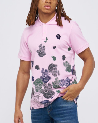 Men's Pink Pique Polo, with Camoflague Print and Casual Velvet Logo