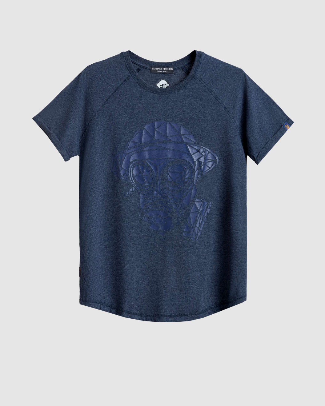 Men's Night Blue, Loose Fit T-Shirt, Geometric Fusilier Gasmask Rubber Print Logo