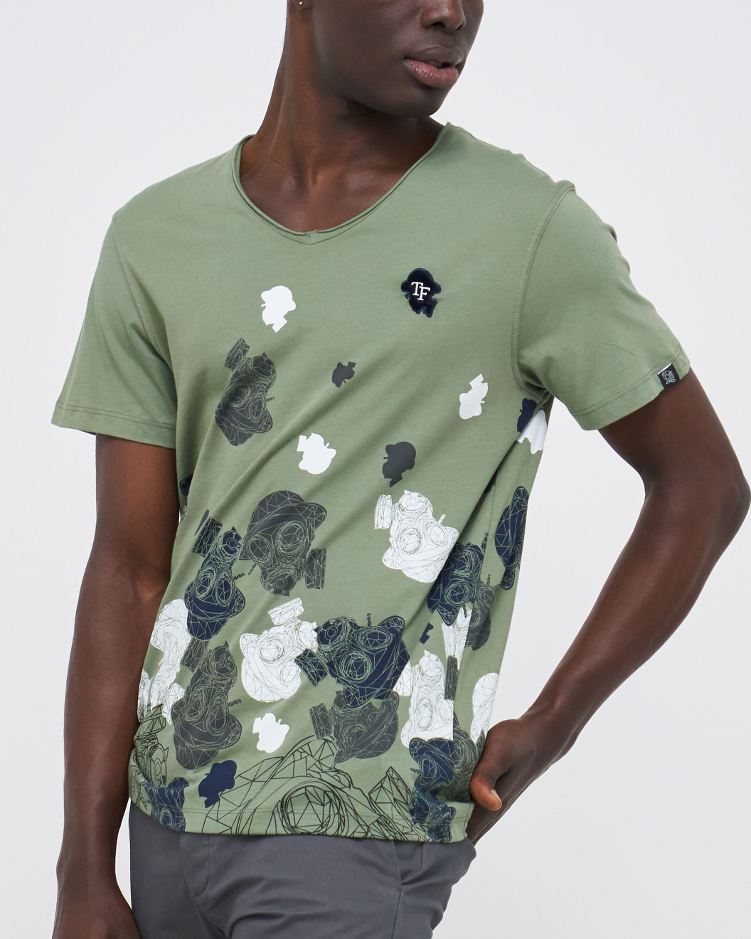 Men's Olive Green V-Neck Cotton T-Shirt, Velvet Fusilier Logo & Fusilier Camoflage Print