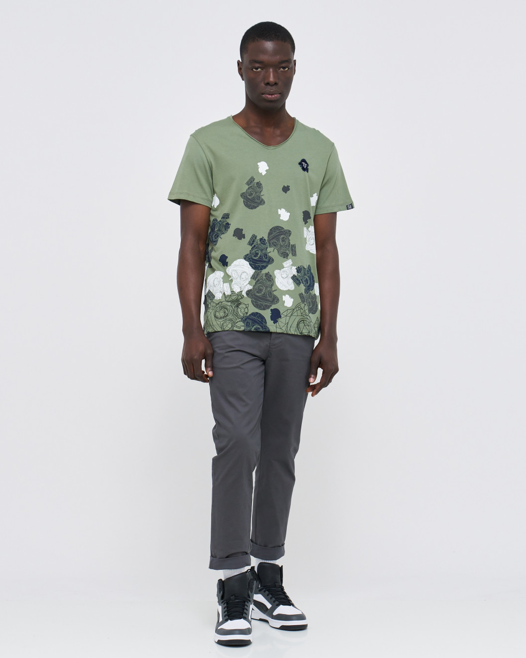 Men's Olive Green V-Neck Cotton T-Shirt, Velvet Fusilier Logo & Fusilier Camoflage Print