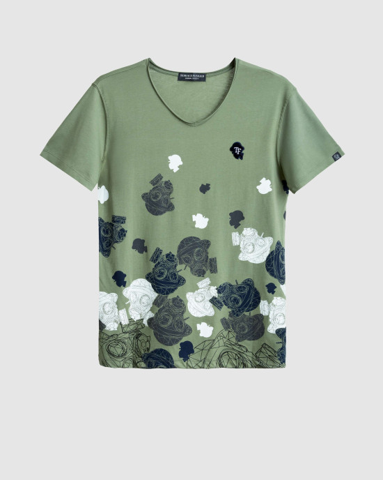 Men's Olive Green V-Neck Cotton T-Shirt, Velvet Fusilier Logo & Fusilier Camoflage Print