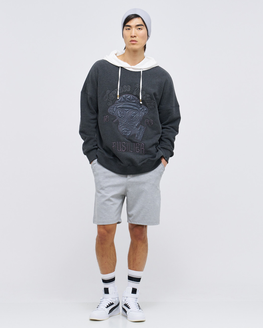 Men's Grey Loop Back Sweatshirt, with Casual Society Micro-Leather Applique Embroidery 