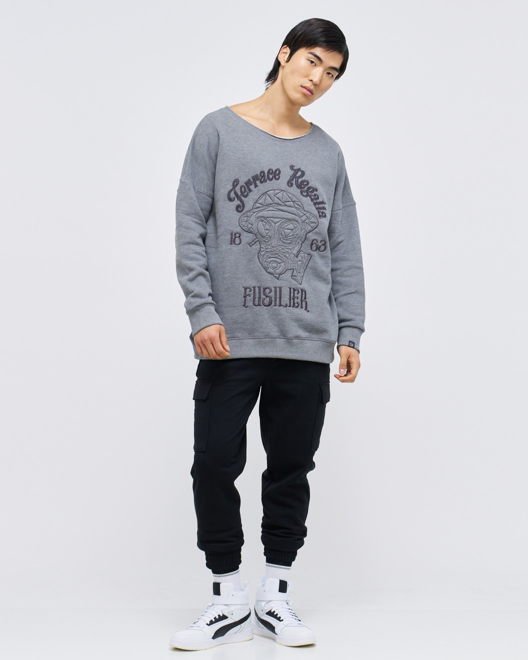 Men's Grey Melange Loop Back Sweatshirt, with Casual Society Micro-Leather Applique Embossed Embroidery