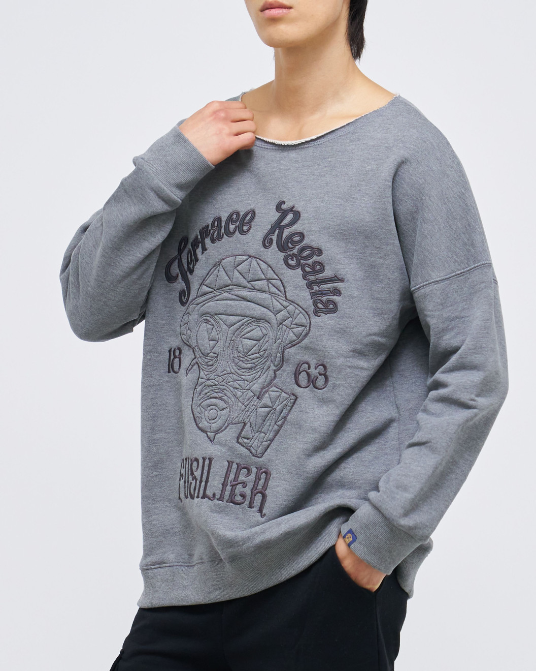 Men's Grey Melange Loop Back Sweatshirt, with Casual Society Micro-Leather Applique Embossed Embroidery