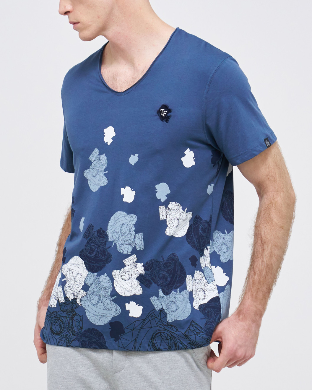 Men's Hazel Blue V-Neck T-Shirt, Velvet Fusilier Logo & Camoflage Fusilier Print