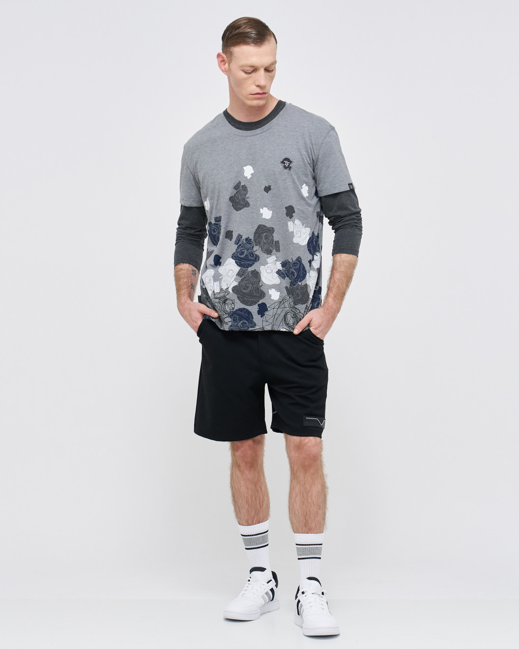 Men's Grey Crew Neck T-Shirt,  Melange Jersey & Fusilier Camoflage & Casual Society Velvet Logo